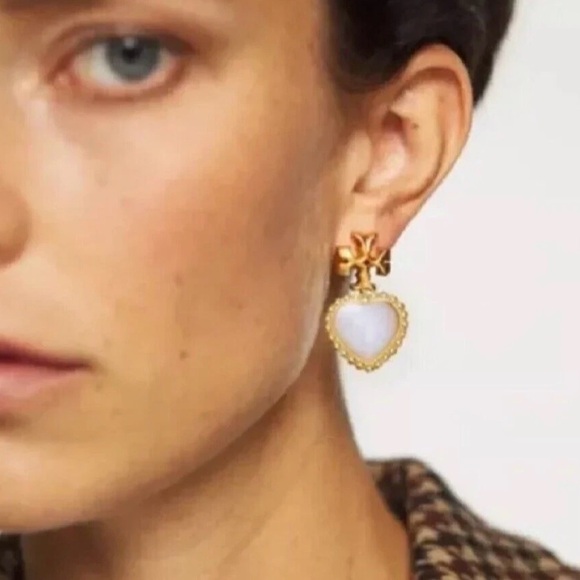 Tory Burch Jewelry - Tory Burch Gold Heart Drop Earrings with White Inlay